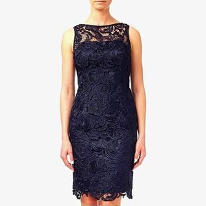 Adrianna Papell Illusion Neckline Navy Lace Sheath Dress